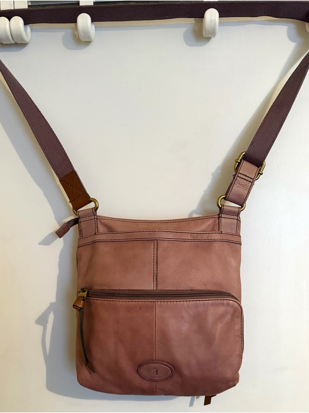 Fossil Dusty Rose Genuine Leather Crossbody Bag Multi Pocket Vintage
